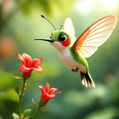 The primary subject of the image is a green and red butterfly with a red flower in its vicinity. The butterfly is flying above the flower, creating a sense of motion and life. The setting is a lush green forest, with the butterfly hovering over a bush. The visual style of the image is a combination of photo and digital art, creating a vibrant and realistic scene. The dominant colors in the image are green, red, and white, with the red flower adding a pop of color to